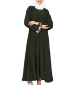 ENTIRE Creep Fabric Embroidered Abaya A-Line with Hijab of Olive Color for Girls