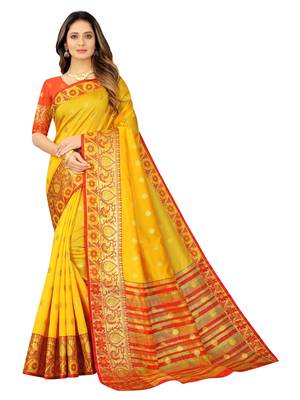 Yellow woven cotton silk saree with blouse 1