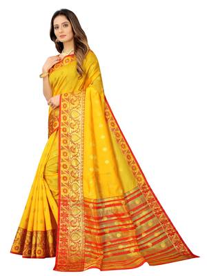 Yellow woven cotton silk saree with blouse 2