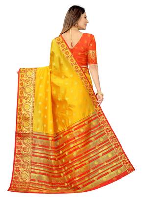 Yellow woven cotton silk saree with blouse 3