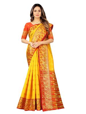 Yellow woven cotton silk saree with blouse 5