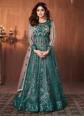Teal embroidered net salwar 1