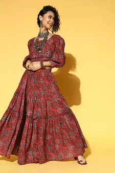 Maroon printed cotton tops