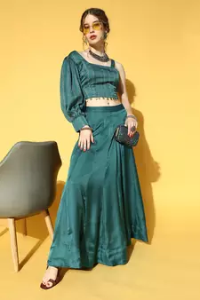 Teal printed silk blend tops