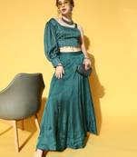 Teal printed silk blend tops