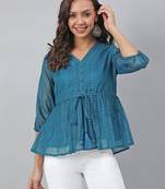 Janasya Teal plain blended cotton tunics