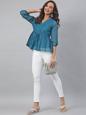 Janasya Teal plain blended cotton tunics 2