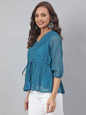 Janasya Teal plain blended cotton tunics 3