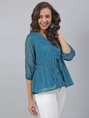 Janasya Teal plain blended cotton tunics 4