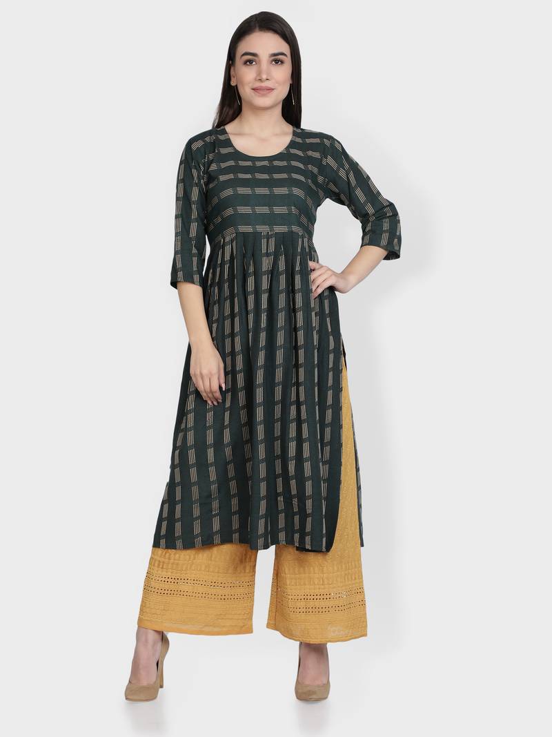 Dark-green woven cotton kurta-sets