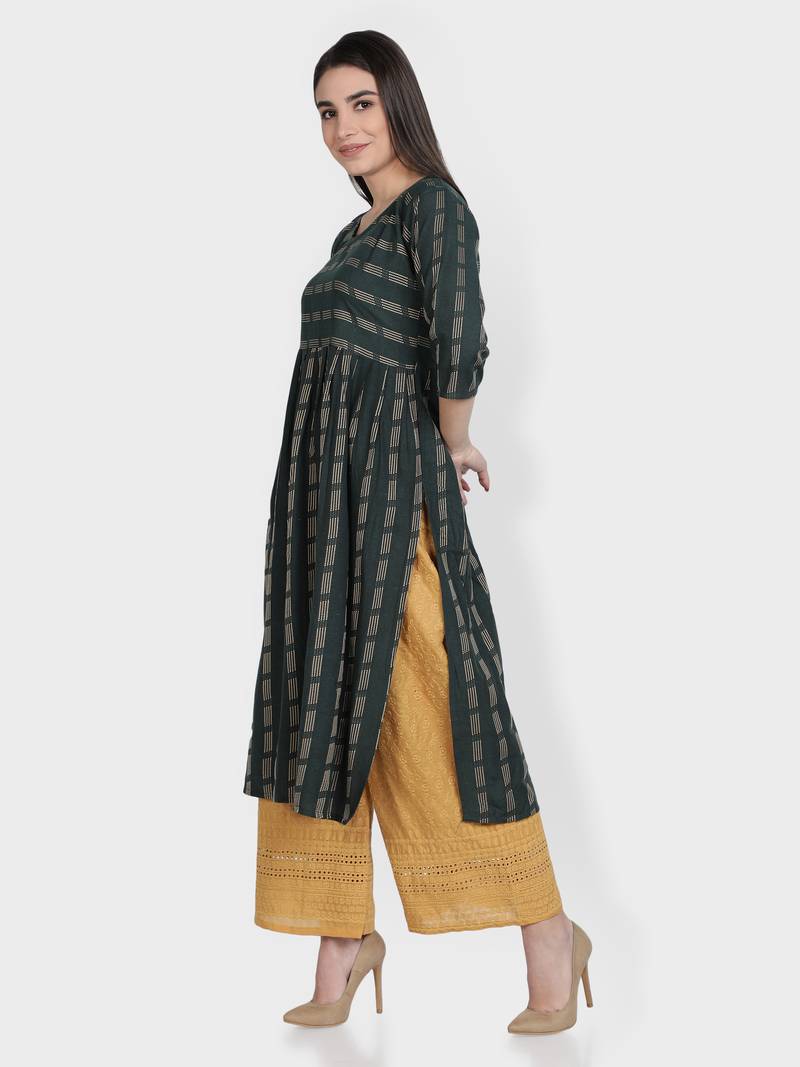 Dark-green woven cotton kurta-sets