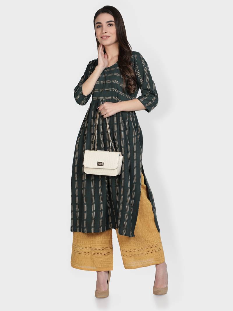 Dark-green woven cotton kurta-sets