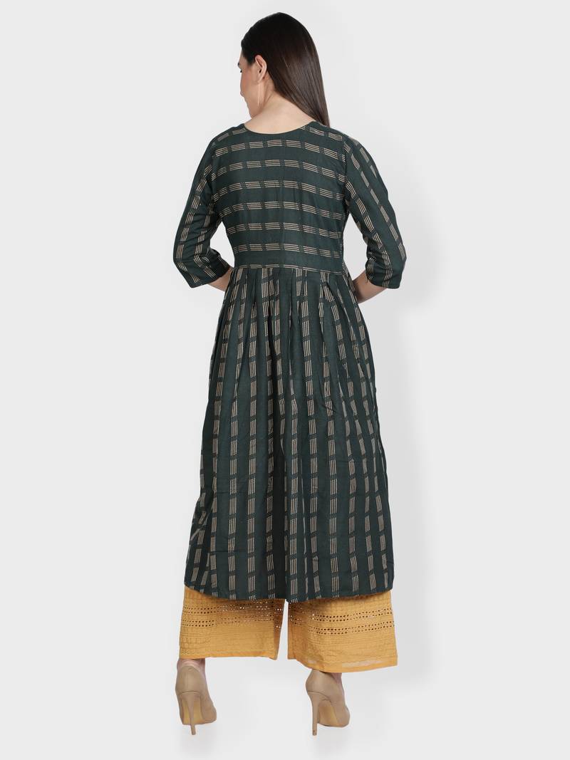 Dark-green woven cotton kurta-sets
