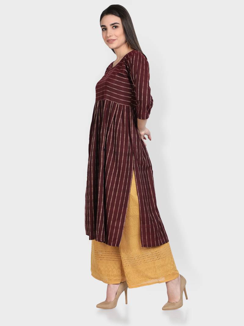 Wine woven cotton kurta-sets
