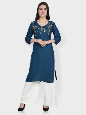 Teal-blue embroidered rayon kurta-sets 1