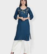 Teal-blue embroidered rayon kurta-sets