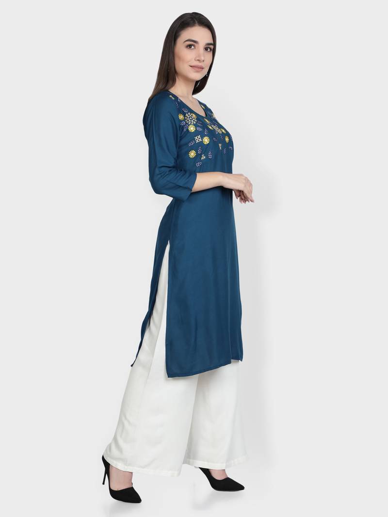 Teal-blue embroidered rayon kurta-sets