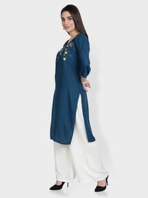 Teal-blue embroidered rayon kurta-sets 3