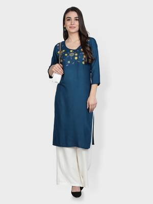 Teal-blue embroidered rayon kurta-sets 4