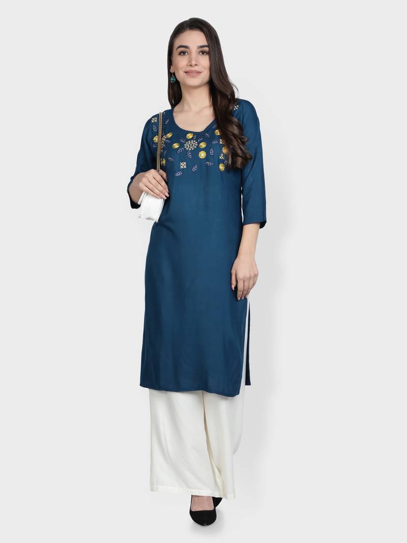 Teal-blue embroidered rayon kurta-sets