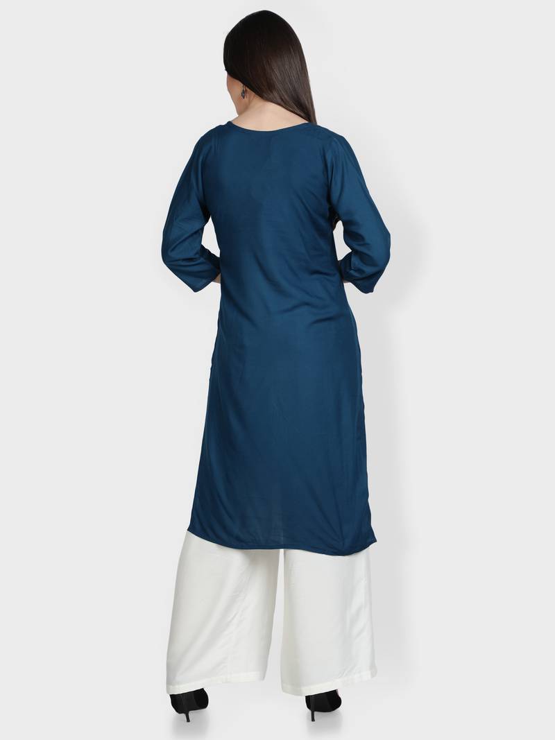 Teal-blue embroidered rayon kurta-sets