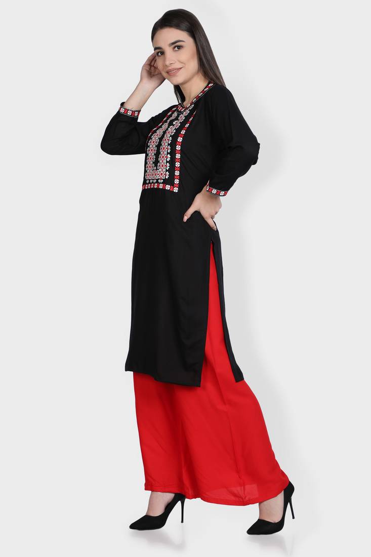 Black embroidered rayon kurta-sets