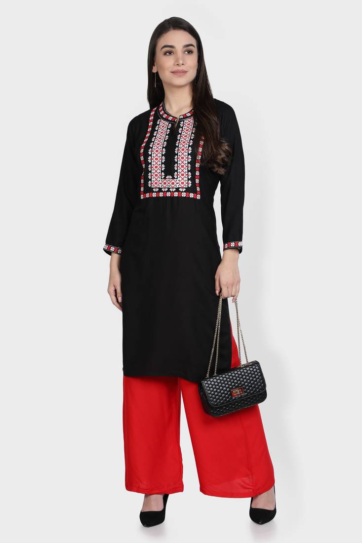 Black embroidered rayon kurta-sets