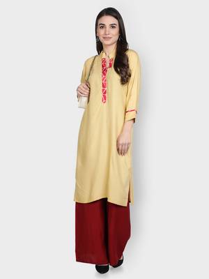 Beige printed rayon kurta-sets 1