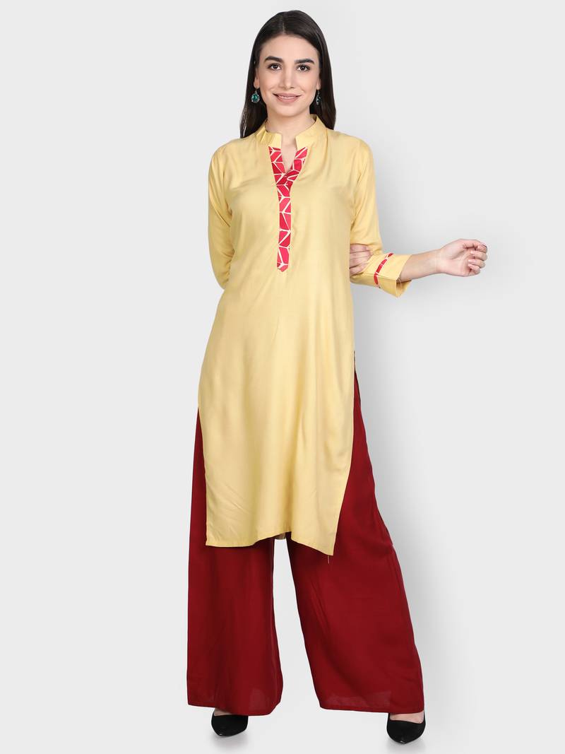 Beige printed rayon kurta-sets