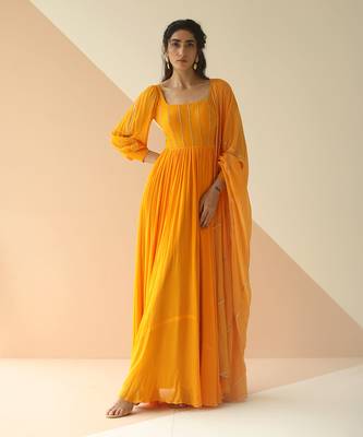 Mango Yellow Line Anarkali With Dupatta 1