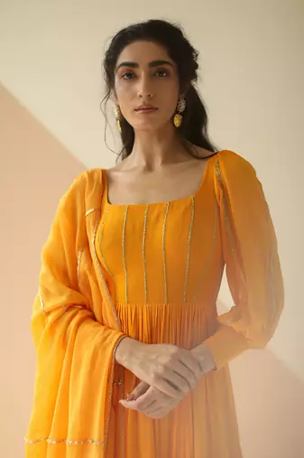 Mango Yellow Line Anarkali With Dupatta
