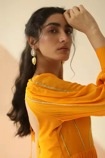 Mango Yellow Line Anarkali With Dupatta