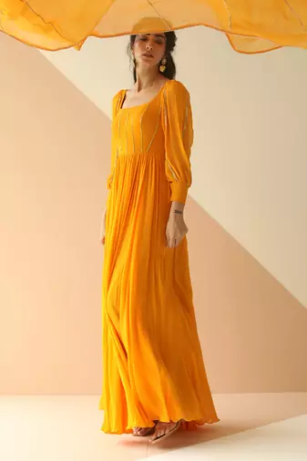 Mango Yellow Line Anarkali With Dupatta