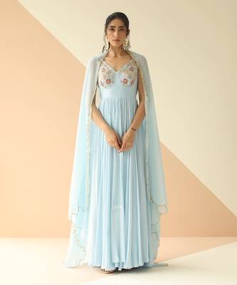 Powder Blue Cupwork Anarkali With Border Dupatta 1