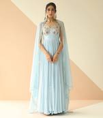 Powder Blue Cupwork Anarkali With Border Dupatta