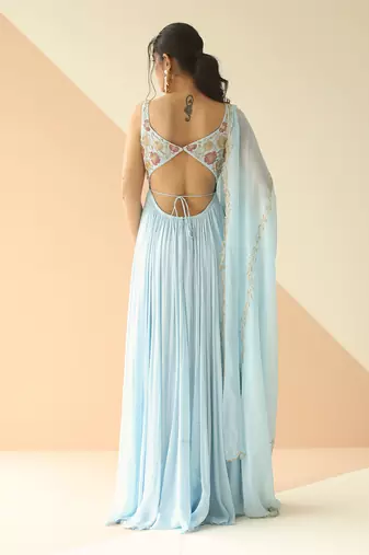 Powder Blue Cupwork Anarkali With Border Dupatta