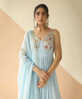 Powder Blue Cupwork Anarkali With Border Dupatta 3