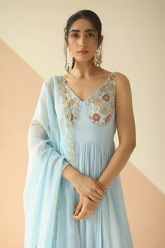 Powder Blue Cupwork Anarkali With Border Dupatta