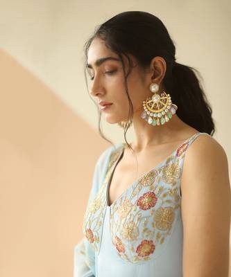 Powder Blue Cupwork Anarkali With Border Dupatta 4