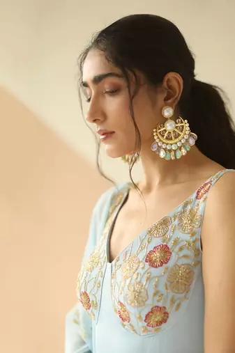 Powder Blue Cupwork Anarkali With Border Dupatta