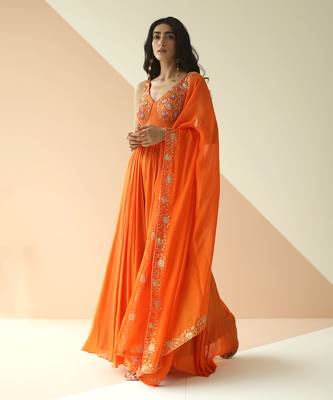Orange Cupwork Anarkali With Border Dupatta 1
