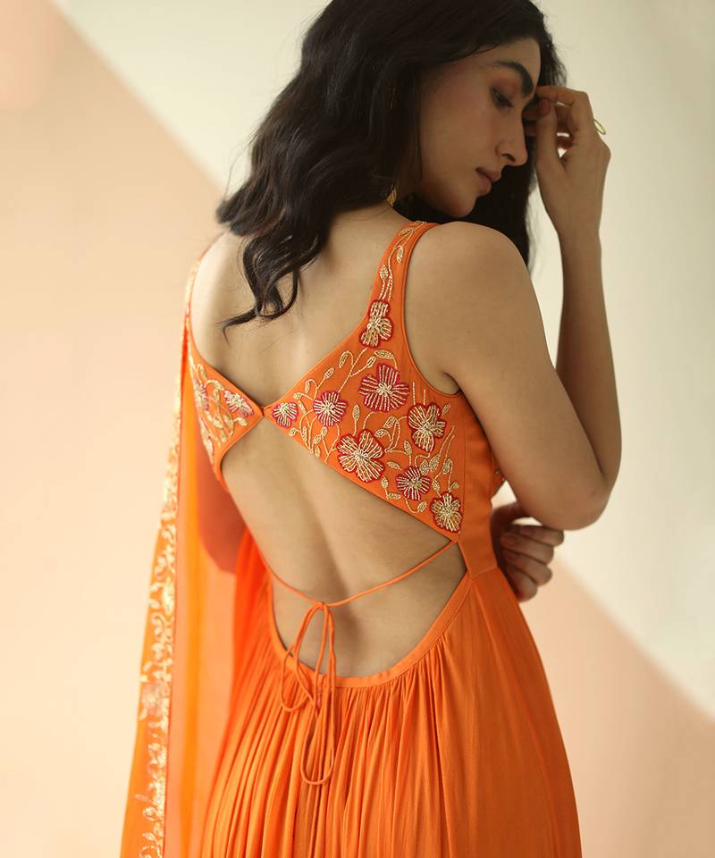Orange Cupwork Anarkali With Border Dupatta