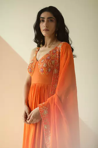 Orange Cupwork Anarkali With Border Dupatta