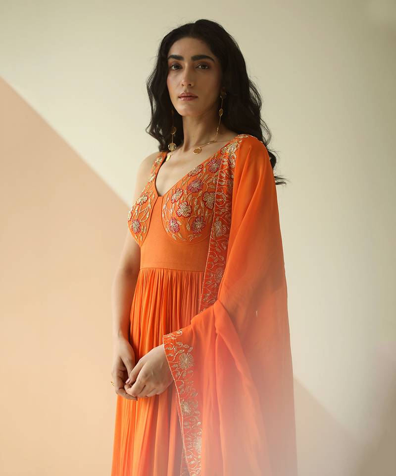 Orange Cupwork Anarkali With Border Dupatta