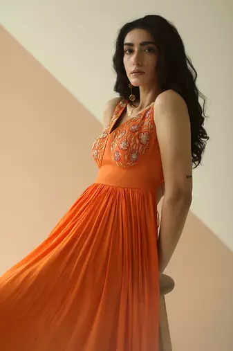 Orange Cupwork Anarkali With Border Dupatta