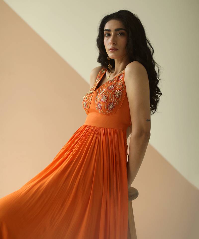 Orange Cupwork Anarkali With Border Dupatta