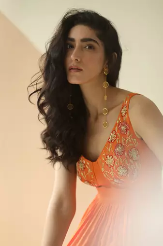 Orange Cupwork Anarkali With Border Dupatta