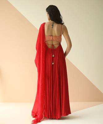 Red Heavy Yoke Flower Anarkali With Scallop Dupatta 2