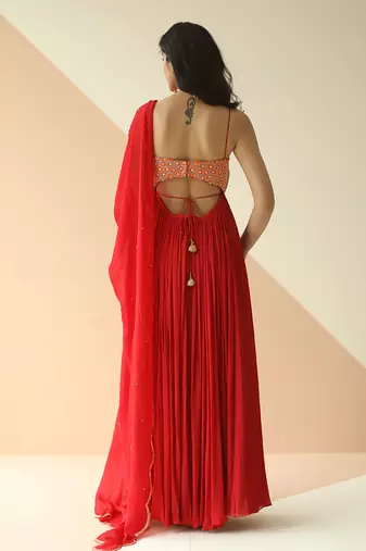 Red Heavy Yoke Flower Anarkali With Scallop Dupatta