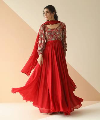 Red Heavy Yoke Bell Sleeve Jaal Anarkali With Border Dupatta 1